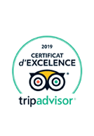Texte : 2019 Certificat d'excellence. Tripadvisor. Illustration : Un visage de hibou stylisé.
