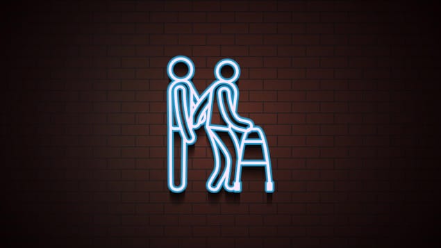 Illustration en néon d'une personne qui en accompagne une autre avec un déambulateur. 