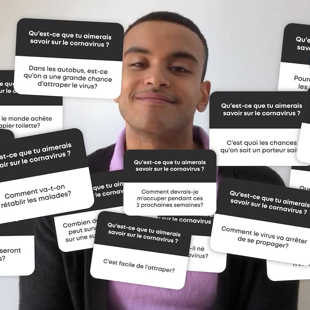Miniature de la vidéo. Karl-Antoine est caché derrière les encarts des réponses qu'on a reçu sur Instagram.