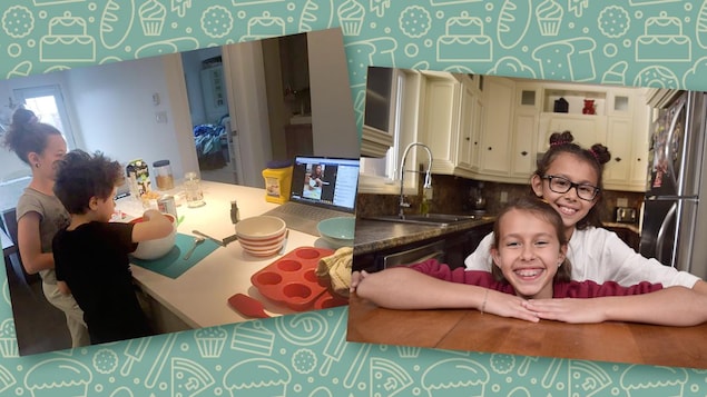 On voit deux enfants cuisiner à gauche, et à droite Mélia et Alys Coutu tout sourire dans leur cuisine