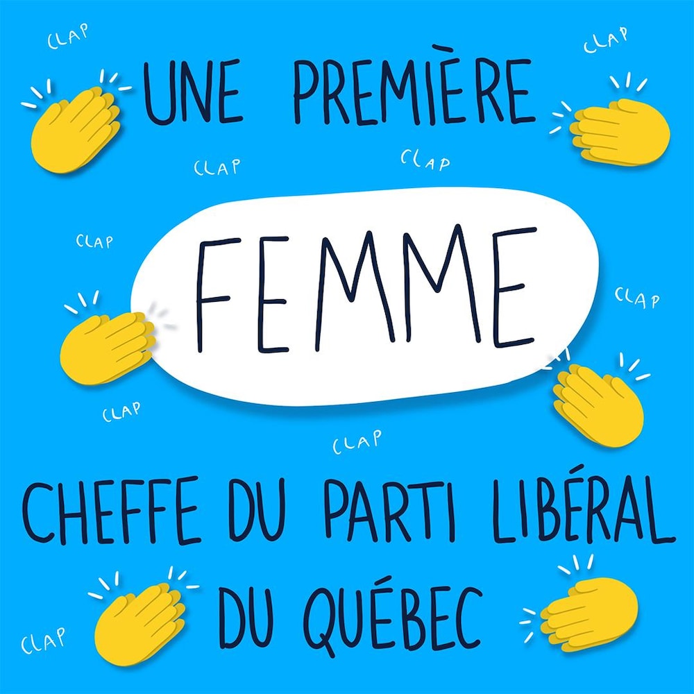 Une première femme cheffe du Parti libéral du Québec. Des mains applaudissent.