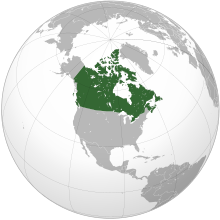 ग्लोब पर उत्तर अमेरिका का चित्र जिसमें कनाडा को हरे रंग में दिखाया गया है।