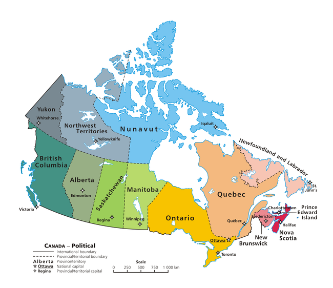 ကနေဒါနိုင်ငံ၏ မြေပုံ။ ပြည်နယ် ၁၀ခု ဒေသ ၃ ခုနှင့် ၎င်းတို့၏ မြို့တော်များ ပါဝင်သည်။
