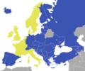 Žuto: Članice osnivači. Plavo: Članice koje su naknadno pristupile Vijeću Evrope