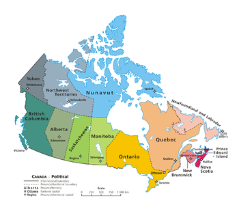 A map of Canada showing its 10 provinces and 3 territories