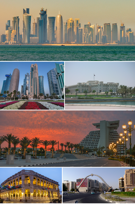 Top to Bottom, Left to Right: Doha skyline in the morning, modern buildings in West Bay district, Amiri Diwan which serves as the office of the Amir of Qatar, Sheraton hotel, Souq Waqif, Sword Arch on Hamad Street
