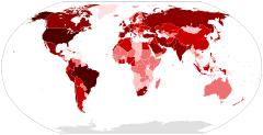 Map showing the distribution of coronavirus cases; black: highest incidence; dark red to pink: decreasing incidence; grey: no recorded cases