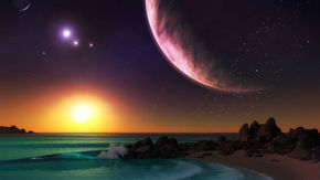 illustration of a beach with a planet and stars in the sky