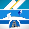 Les deux bandes du drapeau franco-yukonnais, au dessus, l'ours polaire du drapeau franco-ténois au centre, et l'inukshuk au bas de l'image.