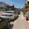 Des bacs à fleur sur le bord de la rue, avec des voitures qui sont stationnées devant.