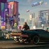 Un homme se tient devant une voiture en regardant une ville futuriste.