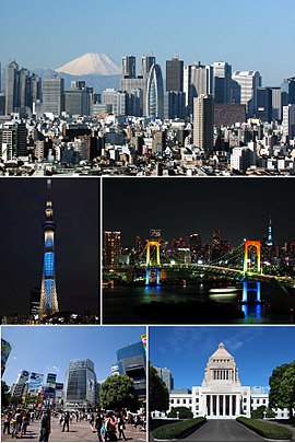 Clockwise from top: Nishi-Shinjuku skyscrapers and Mount Fuji, Rainbow Bridge, National Diet Building, Shibuya Station, Tokyo Skytree