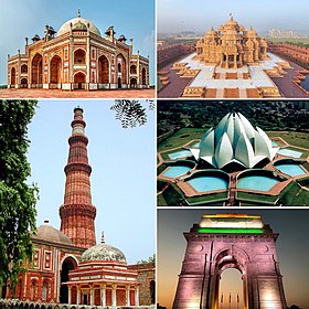 From top clockwise: Humayun's Tomb, Akshardham temple, Lotus Temple, India Gate and Qutab Minar