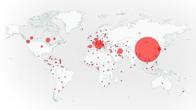 Carte du monde avec des points où il y a des cas confirmés et probables de coronavirus