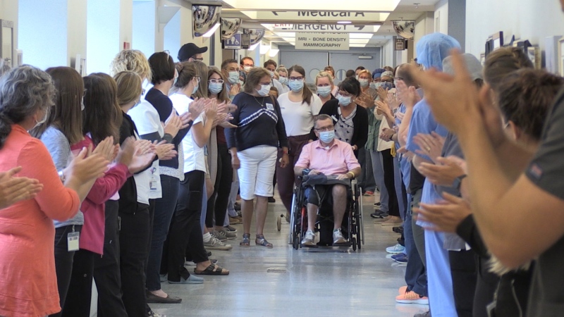 Doctors, nurses and hospital staff lined the hallway of the Valley Regional Hospital on Tuesday morning to give Al Poirier a grand send-off. (CTV ATLANTIC / NATASHA PACE)