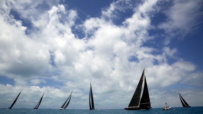In this June 19, 2017, file photo, J Class boats race as part of America's Cup sailing event, in waters off of Bermuda. (AP Photo/Gregory Bull, File)

