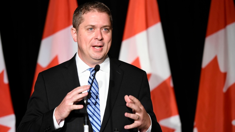 Conservative Leader Andrew Scheer speaks about Justin Trudeau and the WE charity during a press conference in Regina on Thursday, July 30, 2020. (THE CANADIAN PRESS/Michael Bell)
