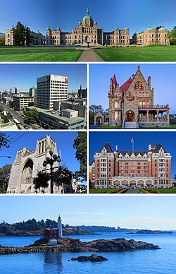 Clockwise from top left: the Legislative Assembly of British Columbia, Downtown Victoria, Craigdarroch Castle, Christ Church Cathedral, the Empress Hotel and the Fisgard Lighthouse.