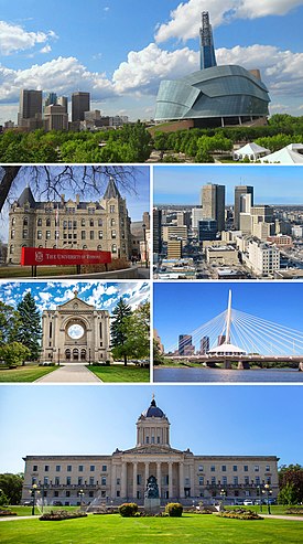 From top, left to right: Winnipeg panorama featuring the Canadian Museum for Human Rights, Wesley Hall at the University of Winnipeg, Downtown Winnipeg, Saint Boniface Cathedral, Esplanade Riel bridge and the Manitoba Legislative Building