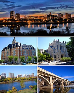 From left to right: central Saskatoon featuring the South Saskatchewan River; the Delta Bessborough hotel; the University of Saskatchewan; Saskatoon Riverbank; and the Broadway Bridge.