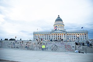 Anti-police graffiti at the Utah State Capitol Building, May 29, 2020 during the George Floyd protests.jpg