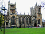 Bristol Cathedral. The stained glass window in question is the large one on the left of the picture