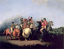 A close-up of a cavalry melee on large horses with sabers and pistols drawn; Three redcoats center-right are engaging two Patriots in blue along with an African-American in a brown linen shirt and white pants, with his pistol drawn and leveled at a redcoat.