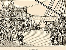 A sketch at the back of a sailing ship's top deck, showing a man tied up on a grate to be flogged for desertion; to the left overlooking the scene from the deck above are Marines in line with bayonets; crowded to the right are the ship's crew mustered to watch the punishment being administered.