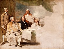 Portrait of the four principle US ministers in Paris; left to right, John Jay, John Adams, Benjamin Franklin, Henry Laurens, and their secretary on the far right.