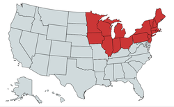 The states shown in red are included in the general term Northern United States.