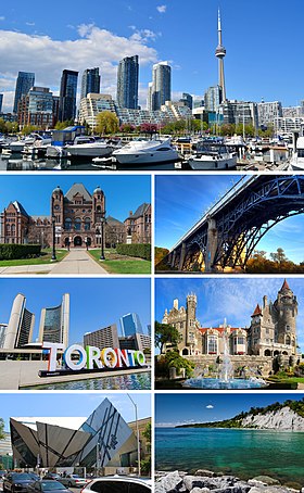 From top, left to right: The CN Tower viewed from Harbourfront, the Ontario Legislative Building, the Prince Edward Viaduct, City Hall with the 3D Toronto sign, Casa Loma, the Royal Ontario Museum and the Scarborough Bluffs