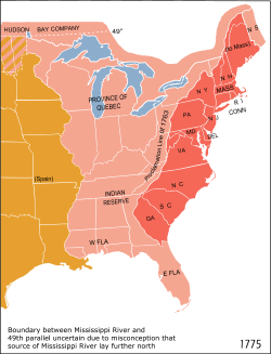 The Thirteen Colonies (shown in red) in 1775