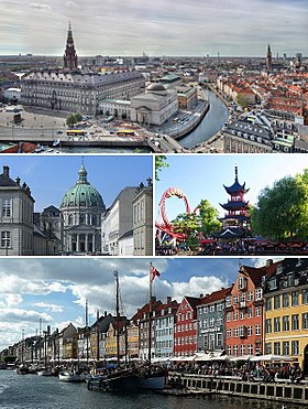 From upper left: Christiansborg Palace, Frederik's Church, Tivoli Gardens and Nyhavn