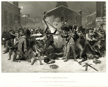 Depiction of chaotic confrontation between British soldiers and Bostonians