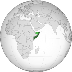 Area controlled by Somalia shown in dark green; claimed but uncontrolled Somaliland⁠ (a self-declared but unrecognized state) shown in light green. n.b., zones of control are approximate at this time.