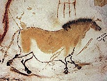 Lascaux cave paintings: a horse from Dordogne facing right brown on white background