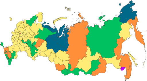 Federal subjects of Russia. Yellow: oblast, green: republic, orange: krai, blue: autonomous okrug, red: federal city, purple: autonomous oblast