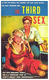 A brightly painted book cover with the title "The Third Sex", with a sultry blonde wearing a red outfit showing cleavage and midriff seated on a sofa, while a redhead with short hair places her hand on the blonde's shoulder and leans over her, also displaying cleavage wearing a white blouse with rolled-up sleeves.