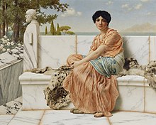 Painting of a woman dressed in Greek robes sitting on a marble bench with trees and water in the distance.