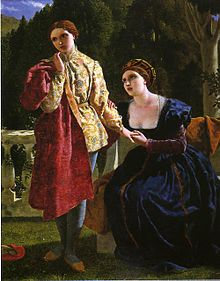 Painting of a Renaissance-era woman dressed as a man, standing and looking away, as a woman dressed as a woman holds the other's hand to her breast, looking imploringly at the other, set against a bucolic backdrop.