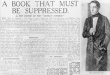 Reproduction of a London newspaper, headline reading "A Book That Must Be Suppressed" and Radclyffe Hall's portrait: a woman wearing a suit jacket and bow tie with a black matching skirt. Her hair is slicked back, she wears no make-up, in one hand is a cigarette and her other hand is in her skirt pocket.