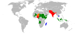 Cases of poliomyelitis in 2005 (top) and 2018 (bottom). Red: endemic; orange: re-established; green: imported; blue: vaccine derived; grey: none