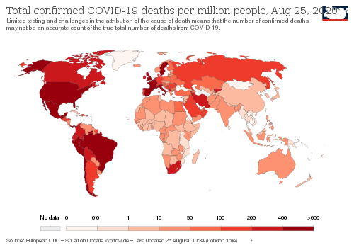 World map of total confirmed COVID-19 deaths per million people by country.svg
