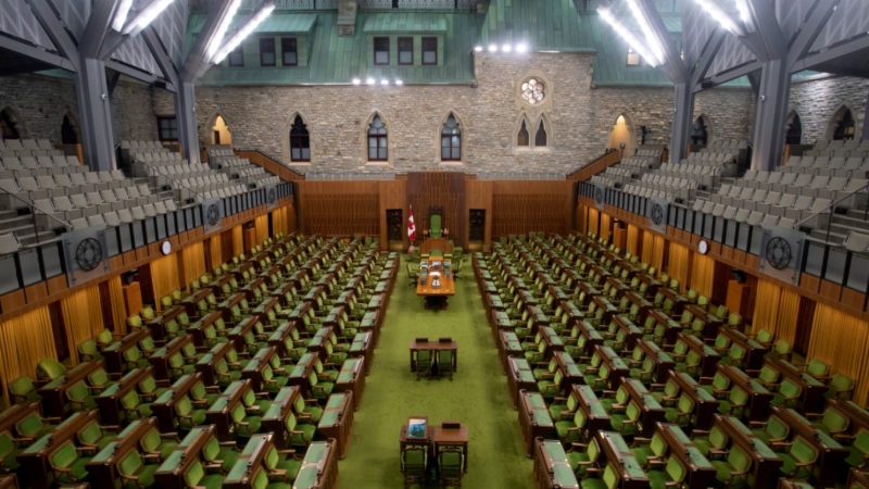 The House of Commons chamber is seen empty, Wednesday April 8, 2020 in Ottawa. THE CANADIAN PRESS/Adrian Wyld