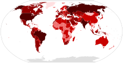 Map showing the distribution of coronavirus cases; black: highest incidence; dark red to pink: decreasing incidence; grey: no recorded cases