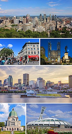From top, left to right: Downtown Montreal skyline, Old Montreal, Notre-Dame Basilica, Old Port of Montreal, Saint Joseph's Oratory, Olympic Stadium