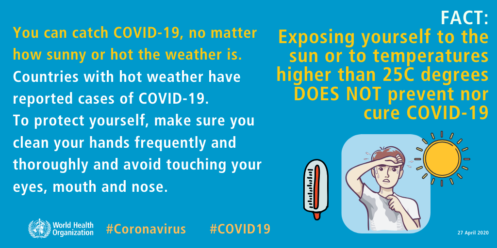 FACT: Exposing yourself to the sun or to temperatures higher than 25C degrees DOES NOT prevent nor cure COVID-19