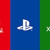 Montage photo montrant de gauche à droit les logos et couleurs de Nintendo Switch, de PlayStation et de Xbox.