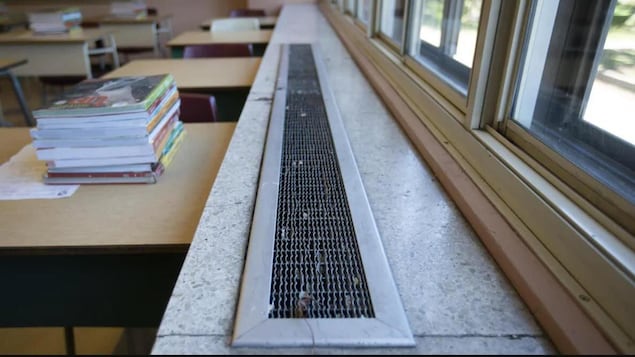 Une pile de livres sur un pupitre près de fenêtres dans une classe.