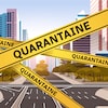 Graphique d'une ville barricadée de ruban jaune identifié par le mot quarantaine.